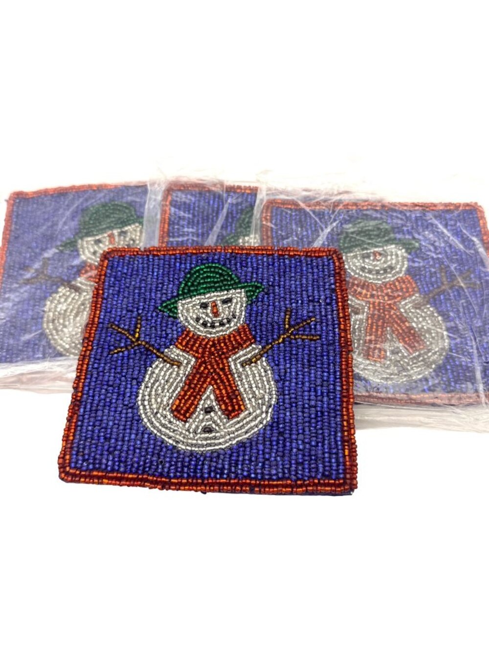 Crate & Barrel Christmas Coasters Glass Beaded Snowman 4 Silk Back Holiday Decor